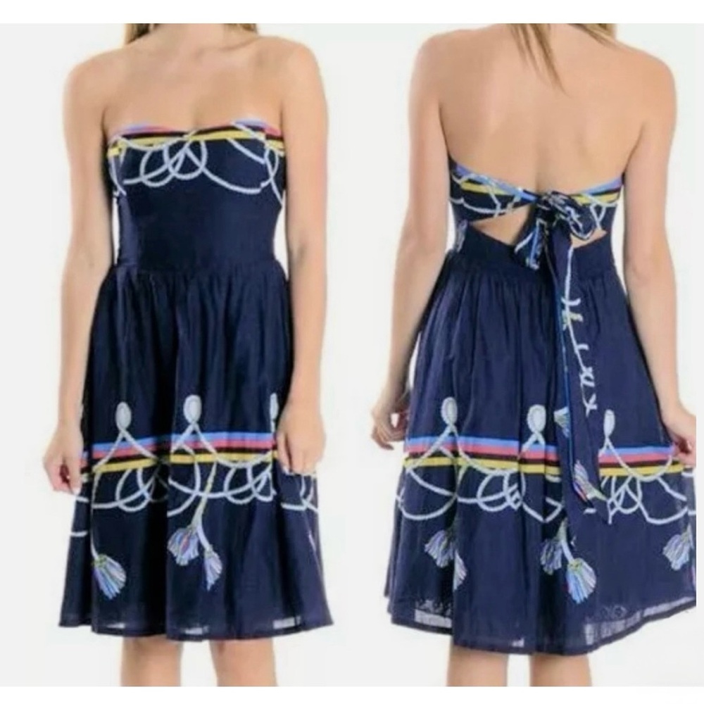 Anthropologie Navy Strapless Dress with Multicolor Trim